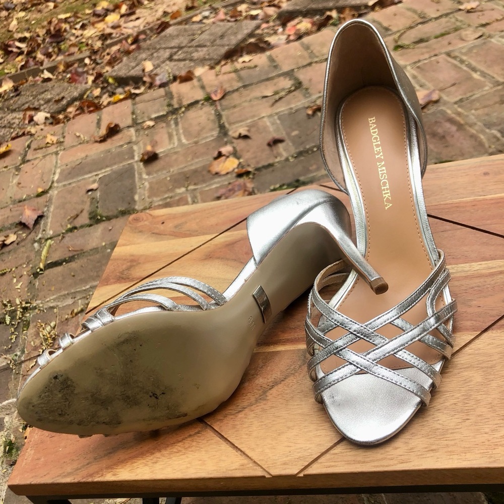 Badgley Mischka Silver High Heel Sandals | Size 8M - Picture 7 of 9